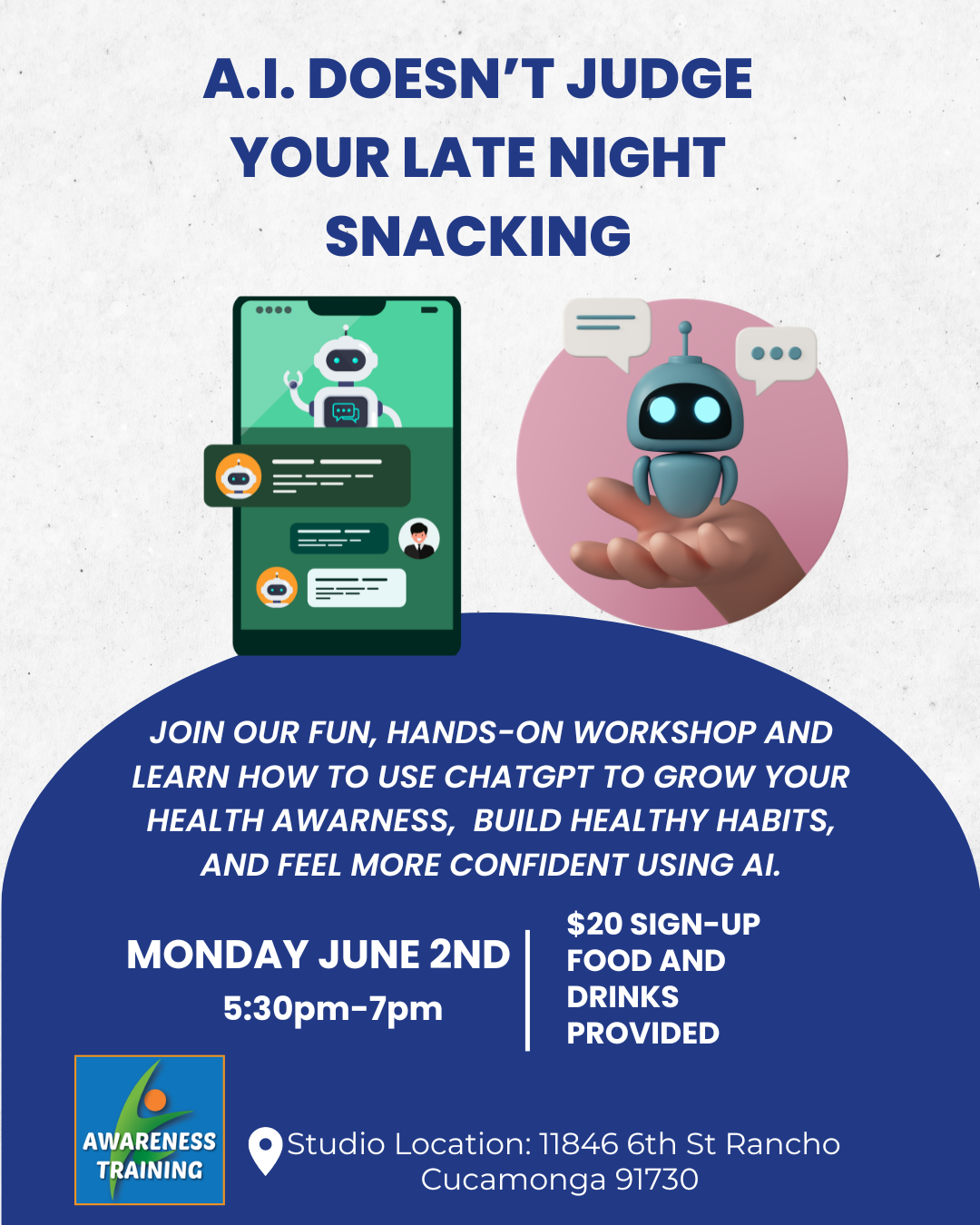 "ChatGPT for Health Workshop flyer - Learn how to use AI for personalized fitness, nutrition, and wellness planning."
