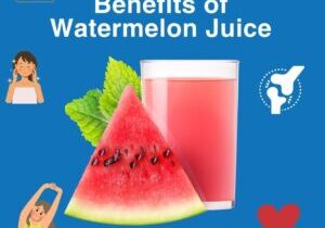 Watermelon juice many health benefits. It shows a tall glass of juice. 
